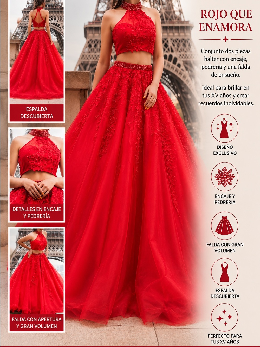Red Halter Two-Piece Ball Gown Dress